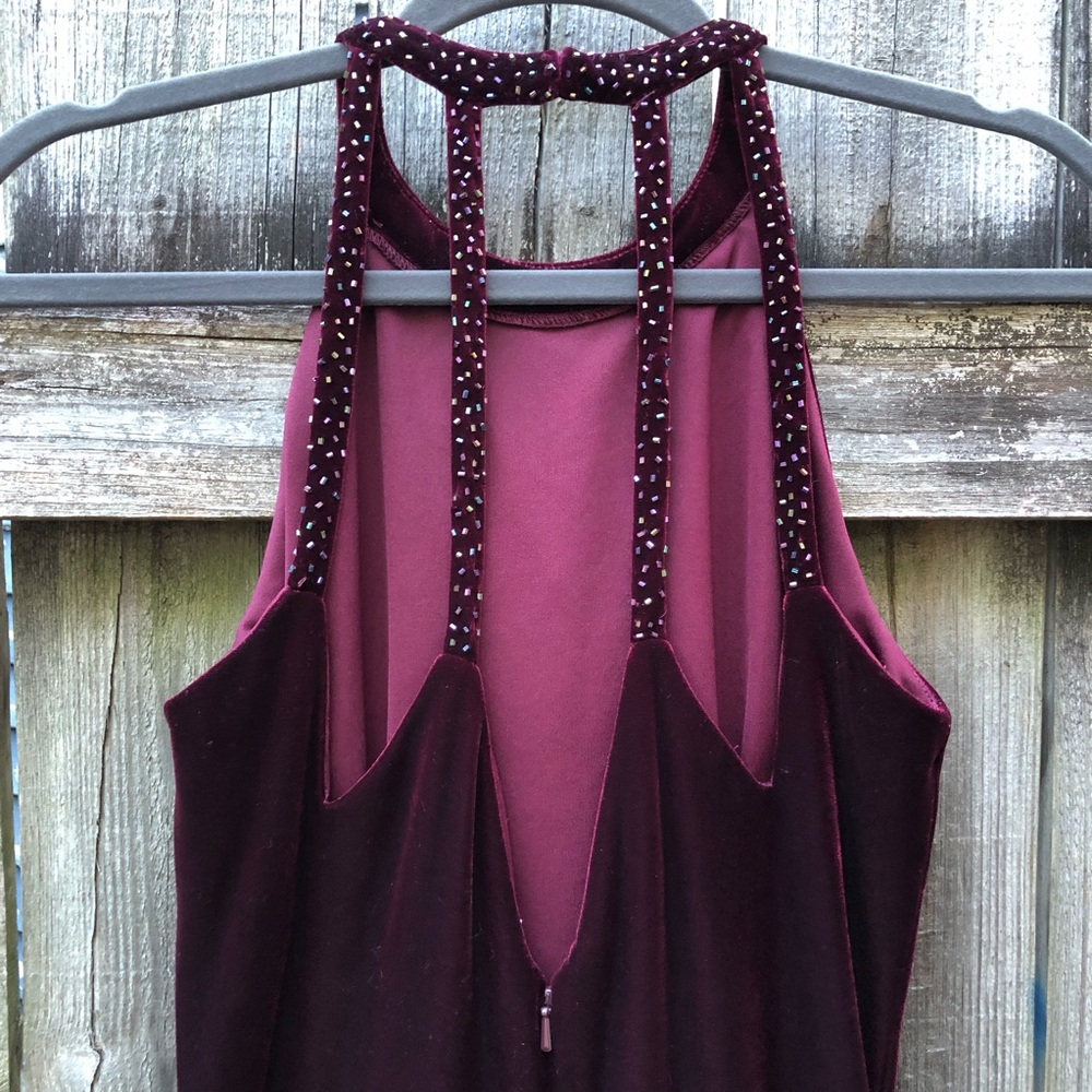 Vintage Reggio Maroon Velvet Maxi Dress Halter Beaded Strappy Wine Red - Picture 7 of 15